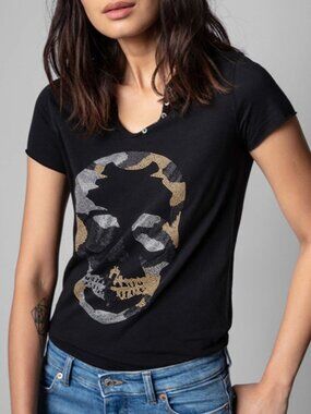 NWT Zadig & Voltaire Tunisien Black Camo Skull Henley Short Sleeve T-Shirt